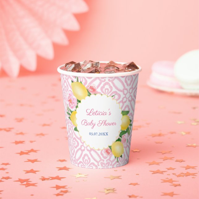 Gobelets En Papier Fille Baby shower Citrons Rose Et Blanc (Insitu)