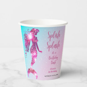 Gobelets En Papier Fille Bébée de Sirène Splish Splash 1er anniversai