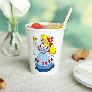 Gobelets En Papier Fille blonde en robe de princesse bleue avec papil