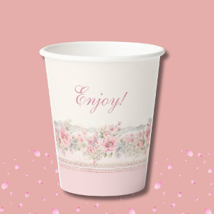 Gobelets En Papier Fille Fleur Rose Baptême Chrétien de Bébé