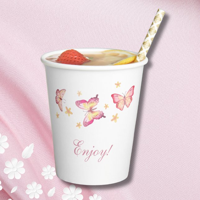 Gobelets En Papier Fille papillon rose 1er anniversaire (Créateur téléchargé)