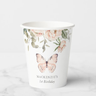 Gobelets En Papier Fille papillon rose floral fête d'anniversaire