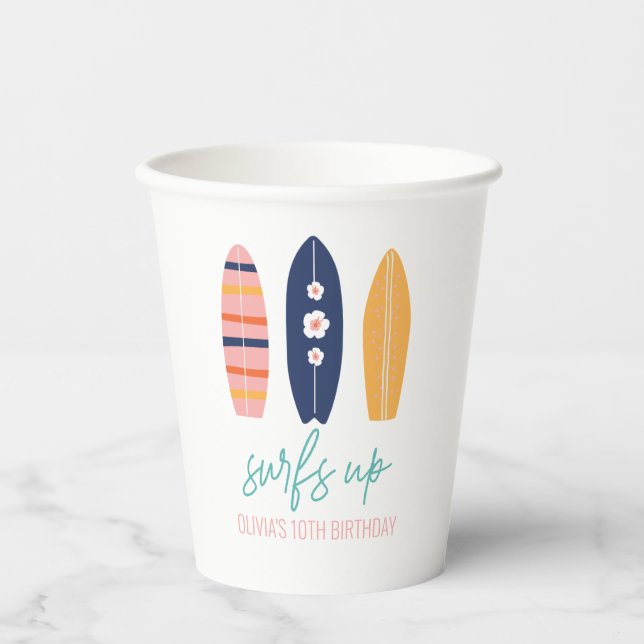Gobelets En Papier Fille Surfboard Beach anniversaire (Recto)