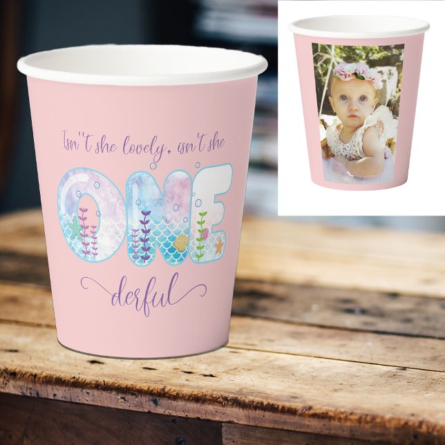 Gobelets En Papier Filles 1er Anniversaire ONEderful Pretty Rose (Onederful girls 1st birthday party pink paper cups with photo.)