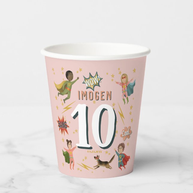 Gobelets En Papier Filles Cool Pink Superhero Anniversaire de enfant (Recto)