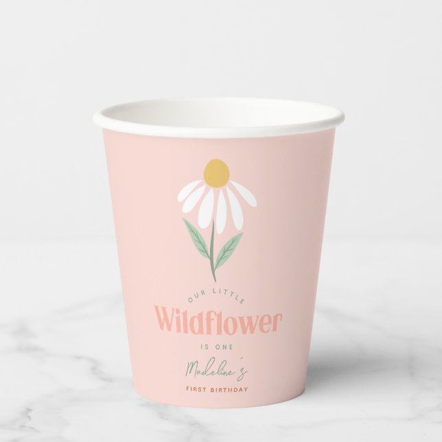 Gobelets En Papier Filles Fleur sauvage rose  Anniversaire de enfant (Recto)