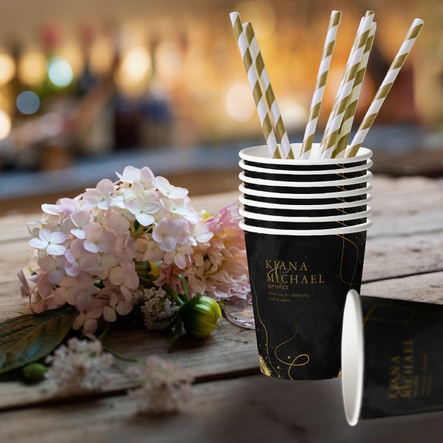 Gobelets En Papier Fine Lines Gold Abstrait Mariage V1 Black ID867 (Créateur téléchargé)