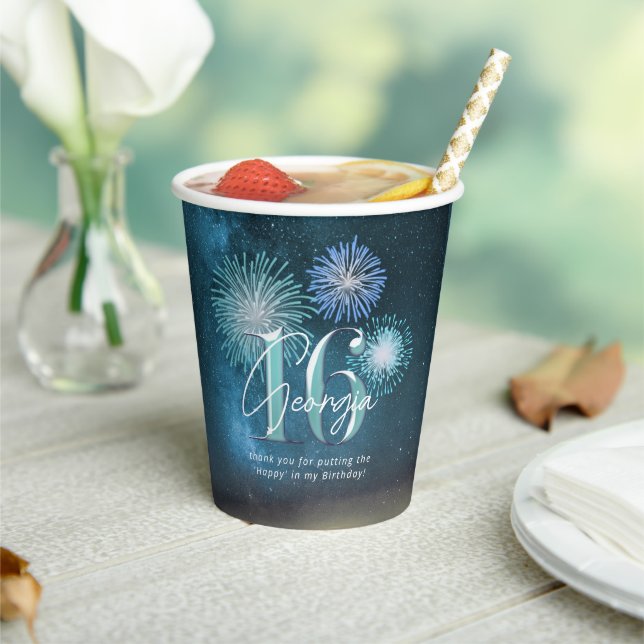 Gobelets En Papier Fireworks Sweet 16 Teal ID984 (Insitu)