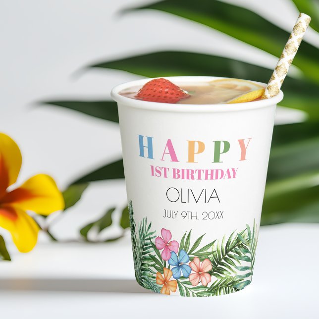 Gobelets En Papier Flamant rose d'été tropical fille heureux 1er anni (Tropical Summer Flamingo Girl Happy 1st Birthday Paper Cups)