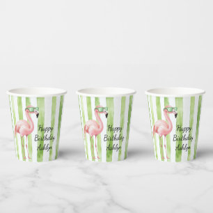 Gobelets En Papier Flamant rose Green Pink Stripes Anniversaire