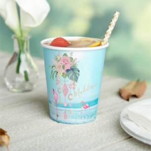 Gobelets En Papier Flamant rose Jewel Beach Floral Plutôt Rose