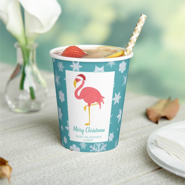 Gobelets En Papier Flamant rose Noël Snowflake Blue Tropical Famille  (Insitu)