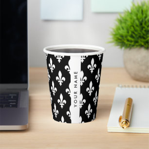 Gobelets En Papier Fleur de Lis, Blanc sur Noir, Blanc, Votre Nom