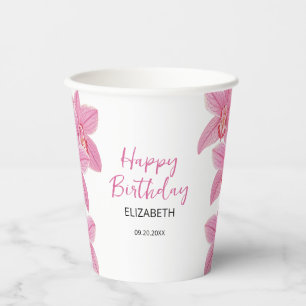 Gobelets En Papier Fleur d'orchidée rose tropicale Joyeux anniversair