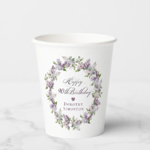 Gobelets En Papier Fleur Lilac violette personnalisée 90e anniversair