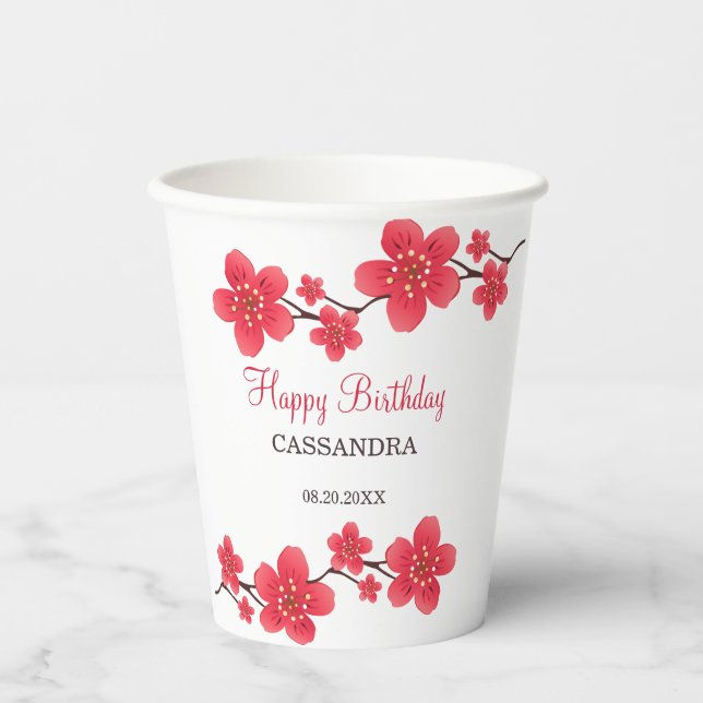 Gobelets En Papier Fleur moderne rouge cerise fleurs Sakura anniversa (Recto)