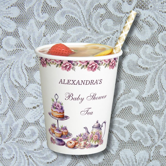 Gobelets En Papier Fleur rose Lilac Tea Party Baby Girl Douche (Créateur téléchargé)