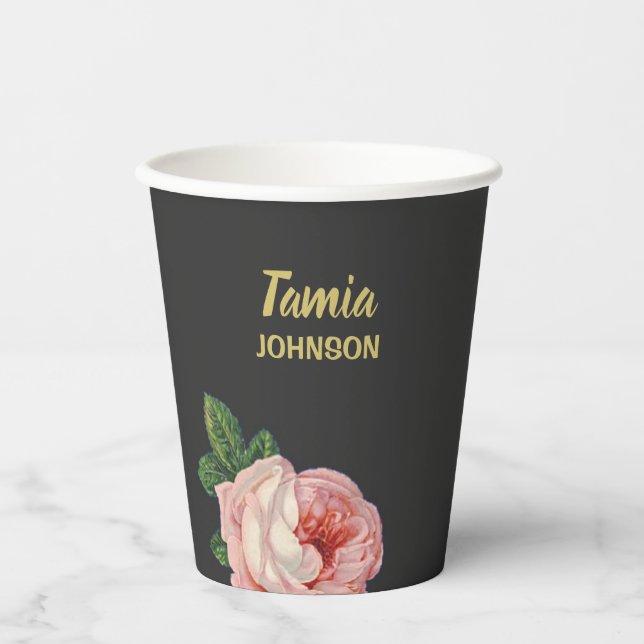 Gobelets En Papier Fleur rose nom personnalisé gris (Recto)