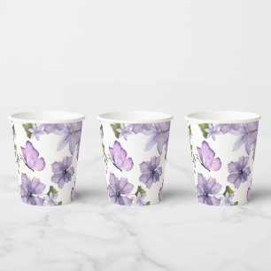 Gobelets En Papier Fleur sauvage d'aquarelle aux papillons violets