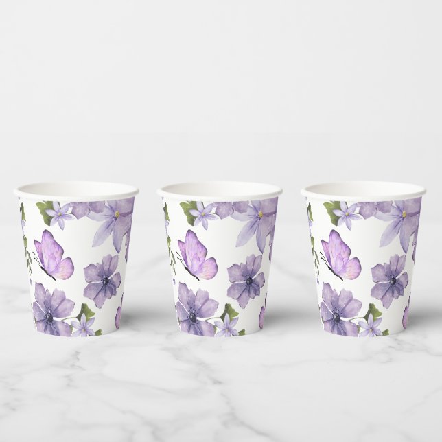 Gobelets En Papier Fleur sauvage d'aquarelle aux papillons violets (Multi)