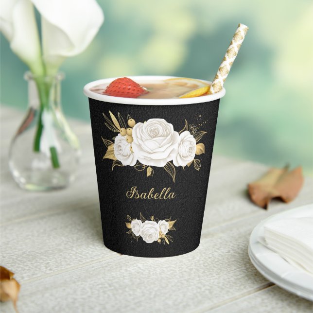 Gobelets En Papier fleurs blanches feuilles dorées noires (Insitu)