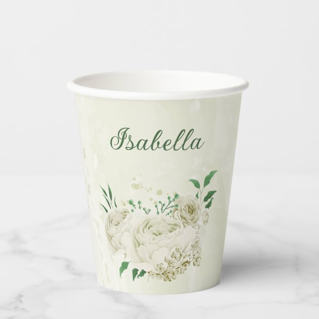 Gobelets En Papier Fleurs blanches ivoire romantiques verdure (Recto)