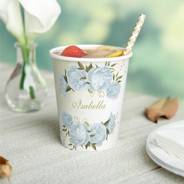 Gobelets En Papier fleurs bleues romantiques verdure (Insitu)