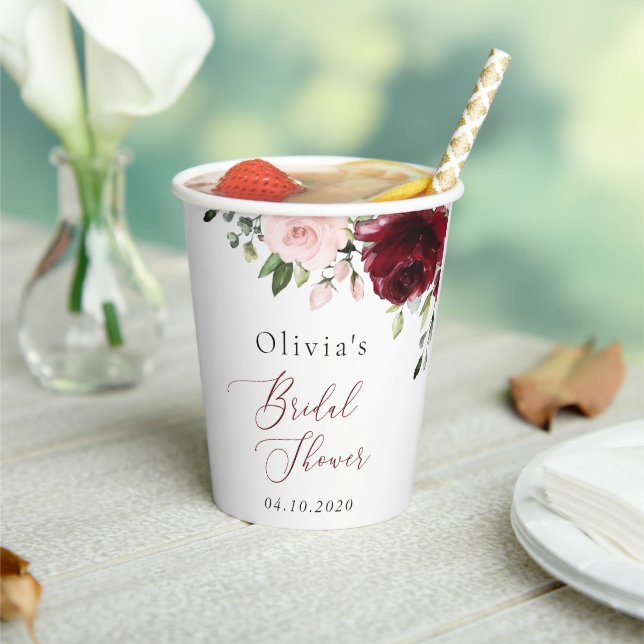 Gobelets En Papier Fleurs Bourgogne, Fleurs Roses, Fête des mariées (Insitu)