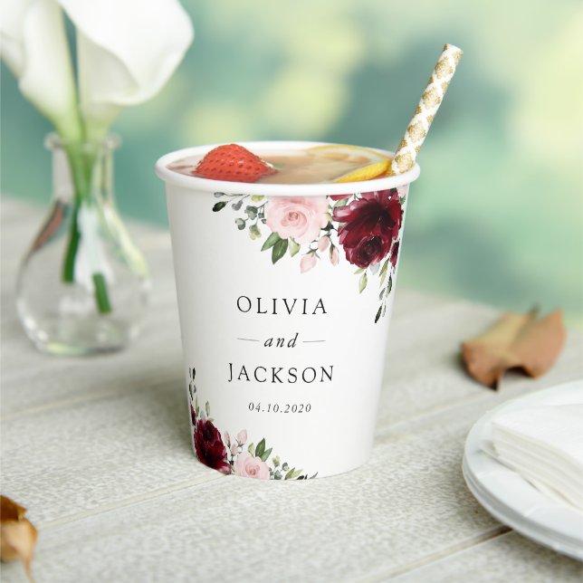 Gobelets En Papier Fleurs Bourgogne, Fleurs roses, Verdure, Mariage (Insitu)