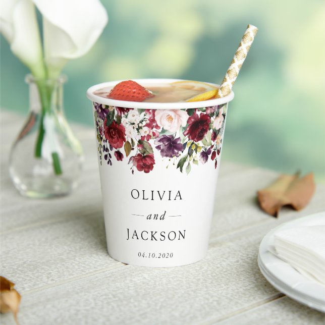 Gobelets En Papier Fleurs Bourgogne, Fleurs roses, Verdure, Mariage (Insitu)