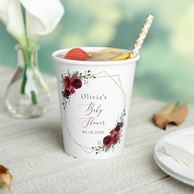 Gobelets En Papier Fleurs Bourgognes, Fleurs Rouges, Baby shower (Insitu)
