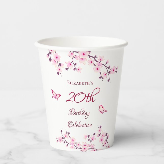 Gobelets En Papier Fleurs de cerisier rose blanc personnalisé Anniver (Recto)