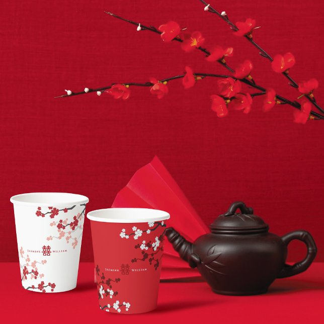 Gobelets En Papier Fleurs de cerisier rouge et Mariage chinois double (Red/White Cherry Blossoms And Double Happiness Chinese Wedding Party Paper Cups @ fatfatin_red_knot)