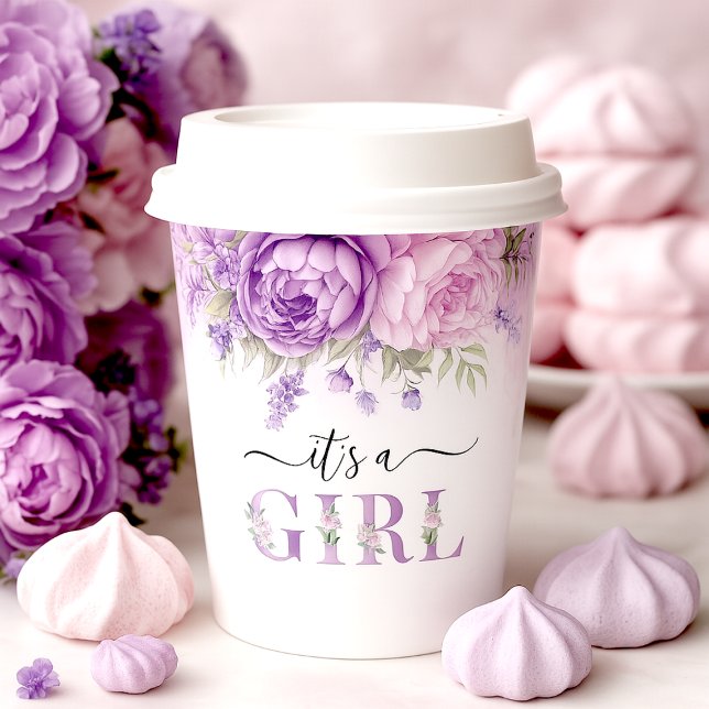 Gobelets En Papier Fleurs De Jardin Violet Et Rose Baby shower Fille (Purple And Pink Garden Flowers Girl Baby Shower Paper Cups)
