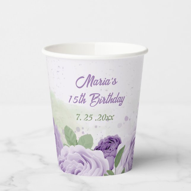 Gobelets En Papier fleurs de lavande violette romantiques feuilles ve (Gauche)