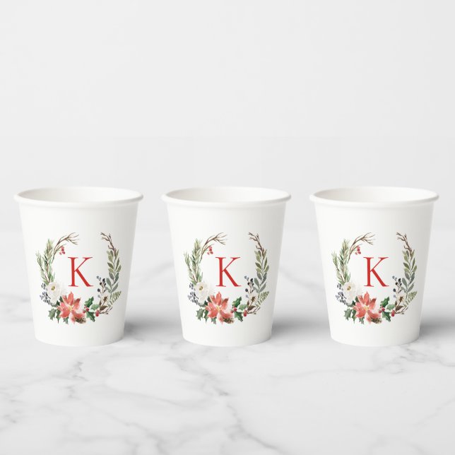Gobelets En Papier Fleurs de Noël Monogramme personnalisé de couronne (Multi)