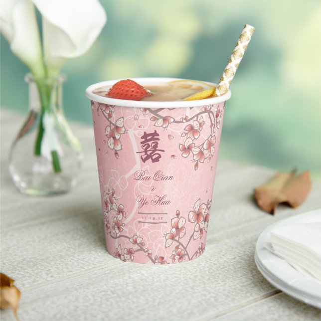 Gobelets En Papier Fleurs de Pêcher Double Bonheur Mariage Chinois (Insitu)