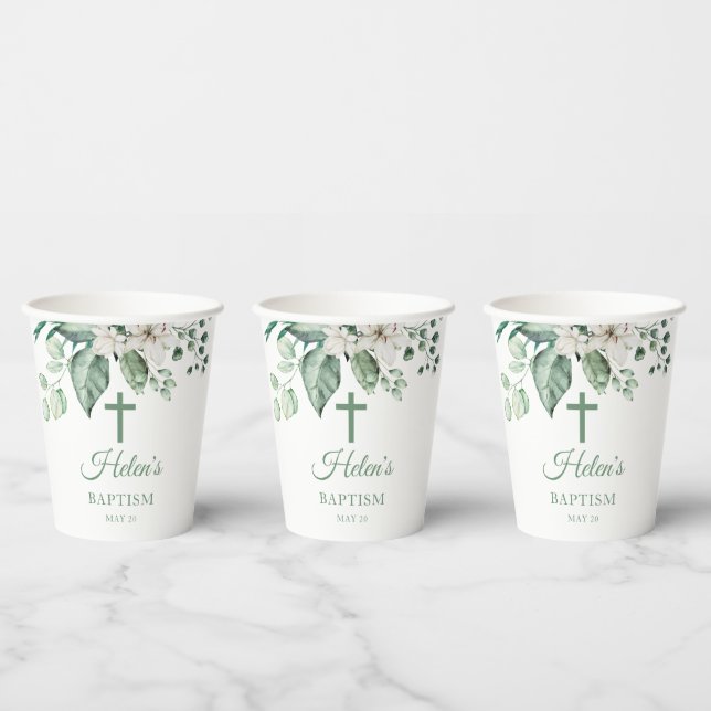 Gobelets En Papier Fleurs de rose blanche Eucalyptus Baptême (Multi)