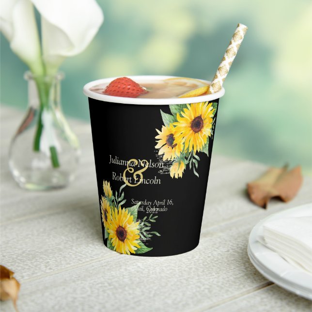 Gobelets En Papier Fleurs de soleil aquarelle sur mariage noir (Insitu)