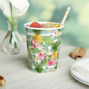 Gobelets En Papier Fleurs et ananas Turquoises rayures