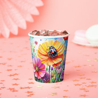 Gobelets En Papier Fleurs et coccinelles