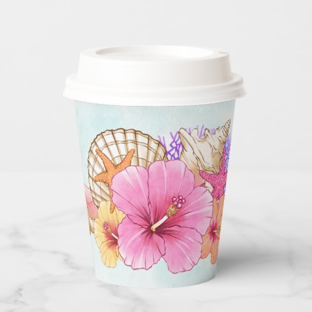 Gobelets En Papier Fleurs et coquilles tropicales | Sirène (Recto)
