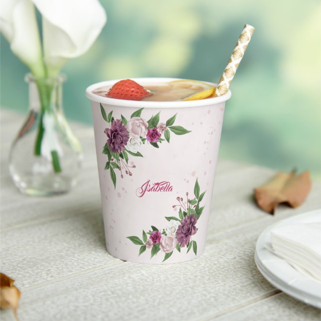 Gobelets En Papier fleurs mauves bordeaux verdure  (Insitu)