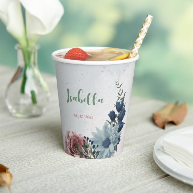 Gobelets En Papier Fleurs romantiques roses et bleues avec feuillage  (Insitu)