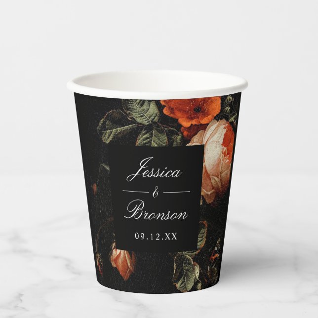 Gobelets En Papier Fleurs romantiques sombres Rose rose mariage douch (Recto)