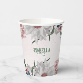 Gobelets En Papier Fleurs roses blanches et navires romantiques verdu