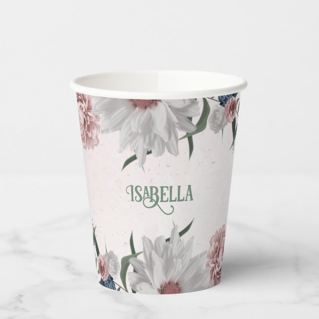 Gobelets En Papier Fleurs roses blanches et navires romantiques verdu (Gauche)