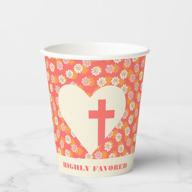 Gobelets En Papier Fleurs roses Coeur & Croix Chrétienne Femmes (Recto)