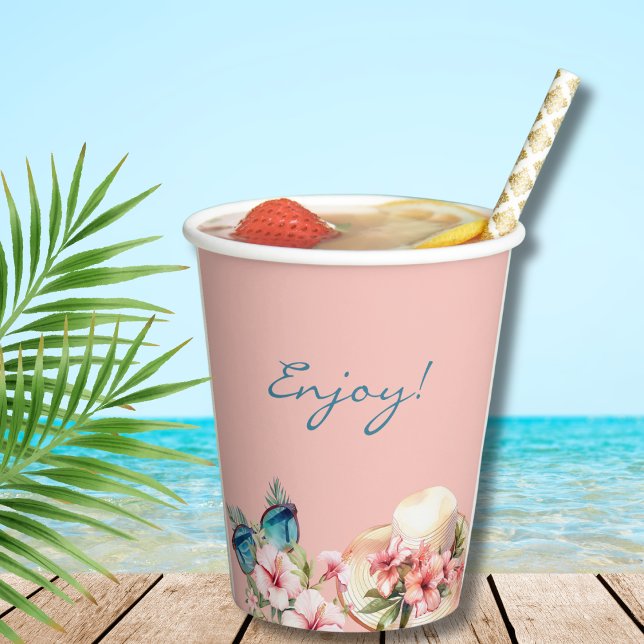 Gobelets En Papier Fleurs roses de plage Fête des mariées tropicale (Créateur téléchargé)