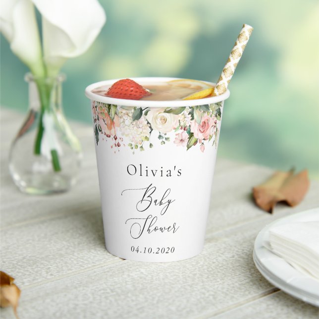 Gobelets En Papier Fleurs roses, Fleurs blanches, Boho, Baby shower (Insitu)